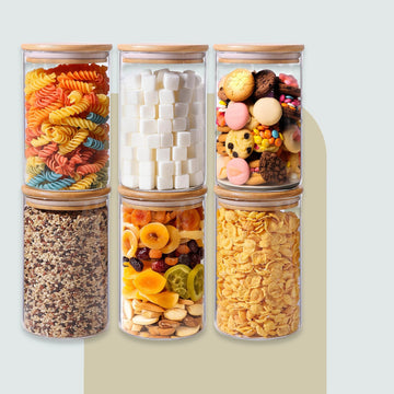 HomePuff’s borosilicate food jar set of 6 (750ml each) with airtight bamboo lids. Durable, BPA-free jars—perfect pantry storage for coffee, sugar, spices & oats.